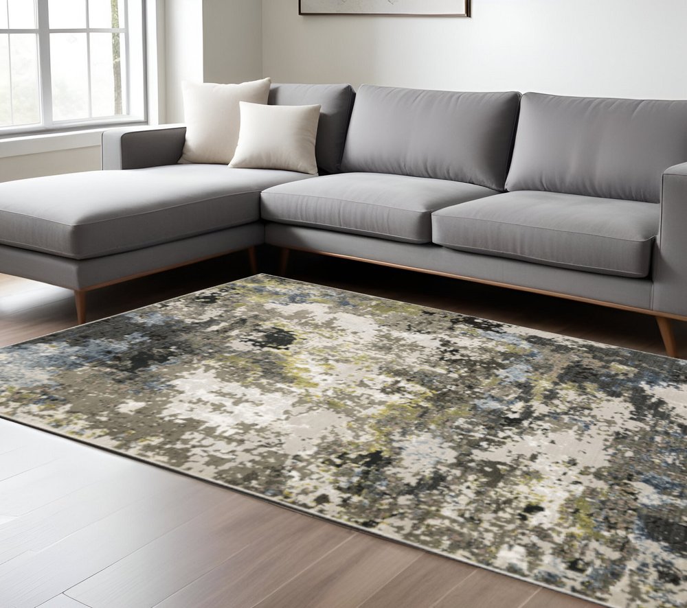 10' X 13' Grey Green Gold Blue And Beige Abstract Power Loom Stain Resistant Area Rug