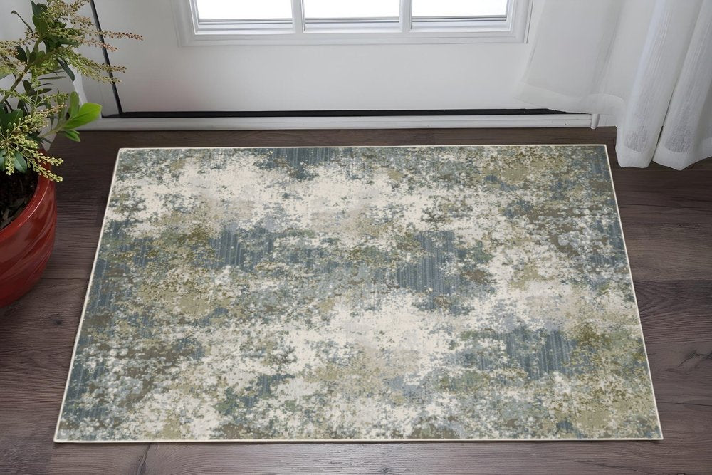3' X 5' Blue Grey Green And Beige Abstract Power Loom Stain Resistant Area Rug