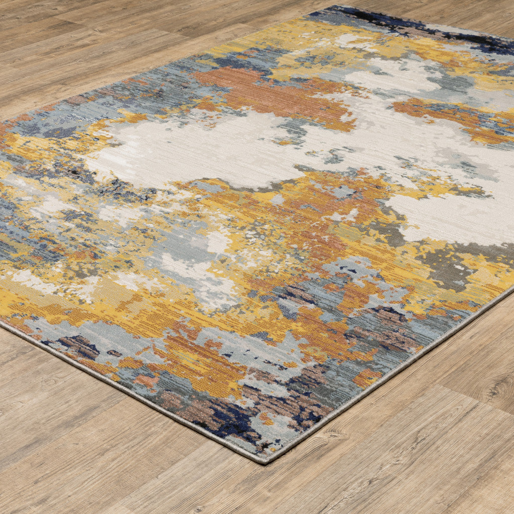 5' X 8' Yellow Gold Blue Grey Brown And Beige Abstract Power Loom Stain Resistant Area Rug