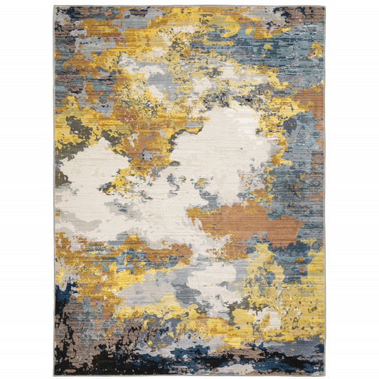 6' X 9' Yellow Gold Blue Grey Brown And Beige Abstract Power Loom Stain Resistant Area Rug