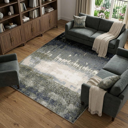 7' X 10' Blue And Green Abstract Area Rug