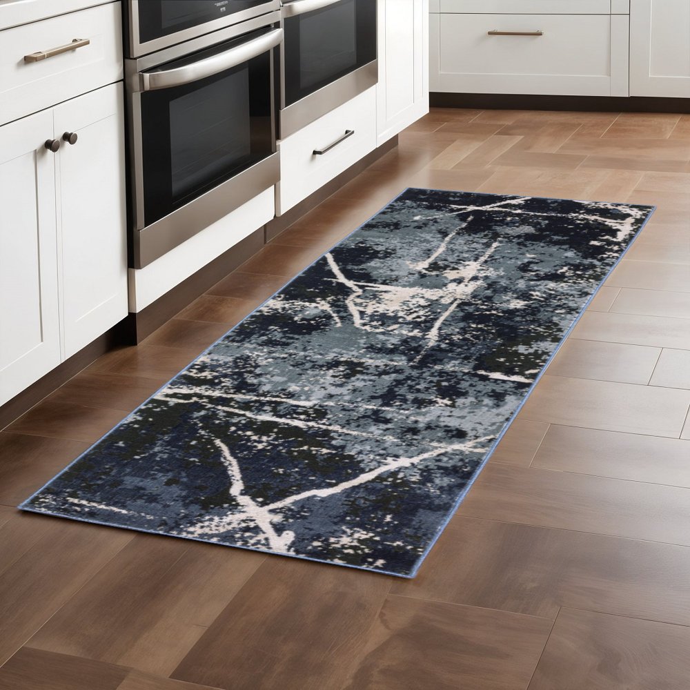 2' X 8' Blue Grey And Beige Abstract Power Loom Stain Resistant Runner Rug