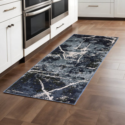 2' X 8' Blue Grey And Beige Abstract Power Loom Stain Resistant Runner Rug