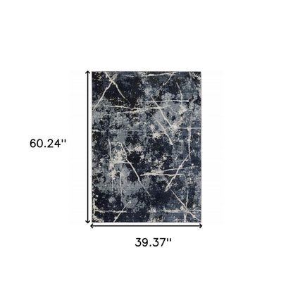 3' X 5' Blue Grey And Beige Abstract Power Loom Stain Resistant Area Rug