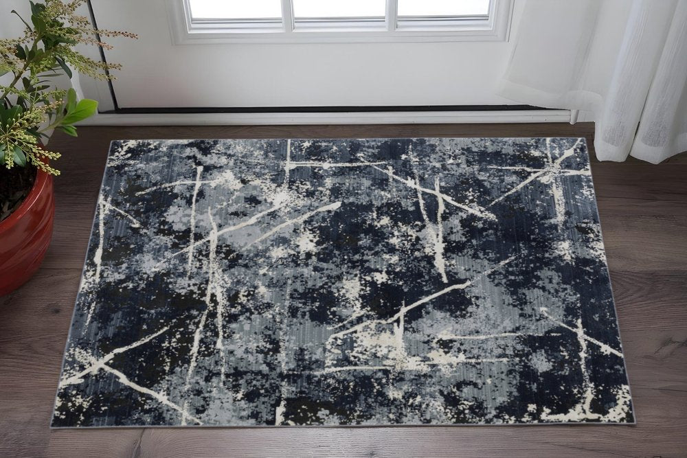 3' X 5' Blue Grey And Beige Abstract Power Loom Stain Resistant Area Rug