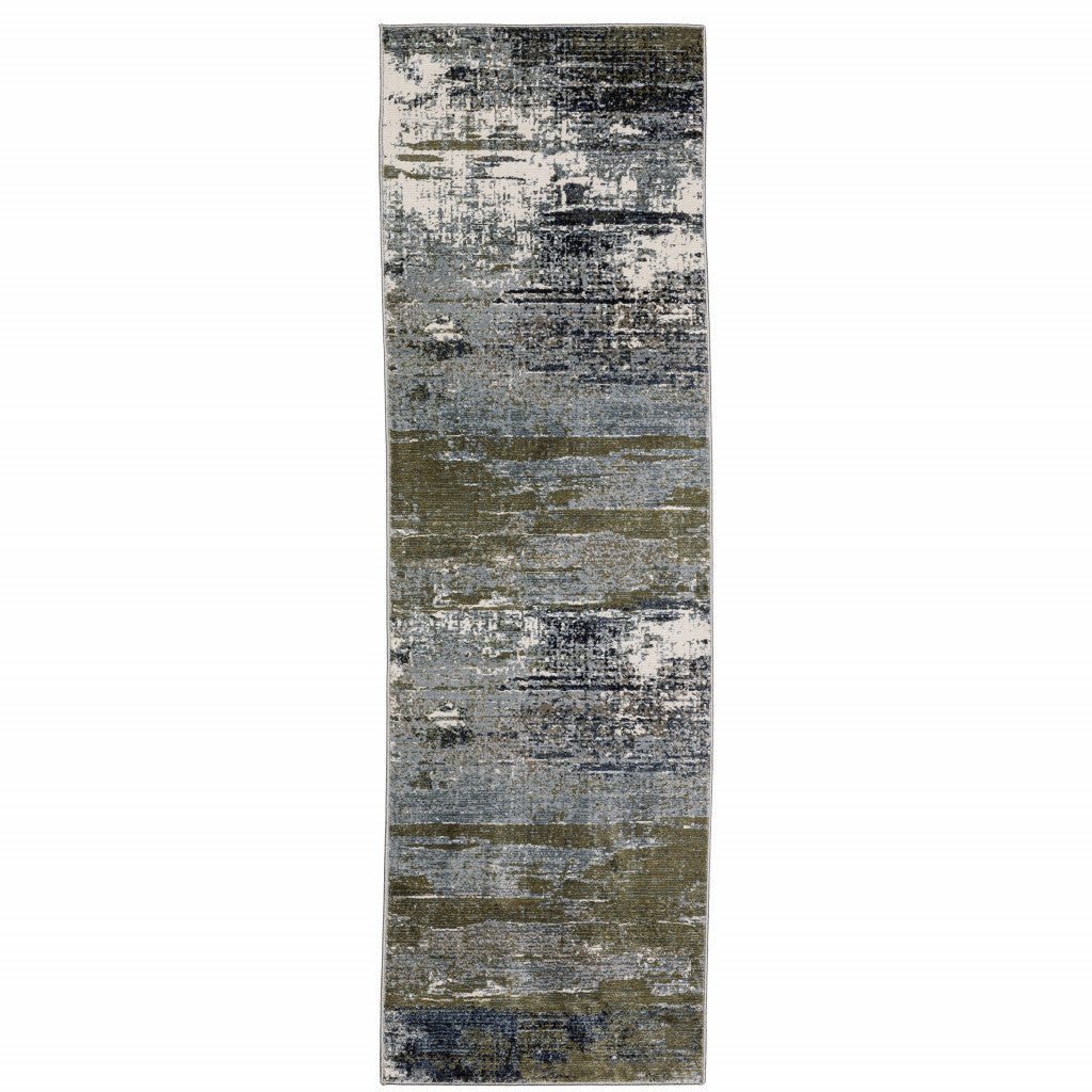 2' X 8' Blue Green Grey Brown And Beige Abstract Power Loom Stain Resistant Runner Rug