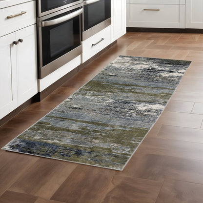 2' X 8' Blue Green Grey Brown And Beige Abstract Power Loom Stain Resistant Runner Rug