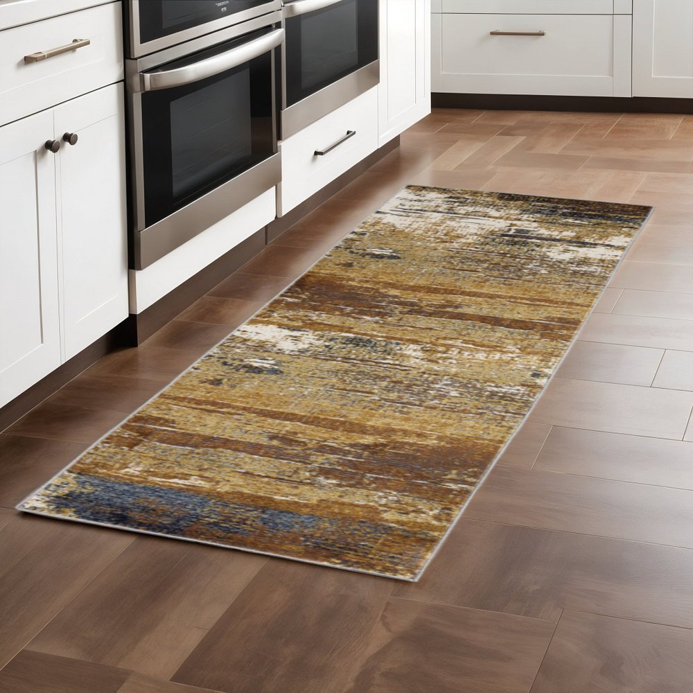 2' X 8' Gold Brown Rust Grey Blue And Beige Abstract Power Loom Stain Resistant Runner Rug