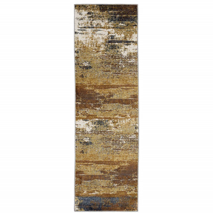 2' X 8' Gold Brown Rust Grey Blue And Beige Abstract Power Loom Stain Resistant Runner Rug