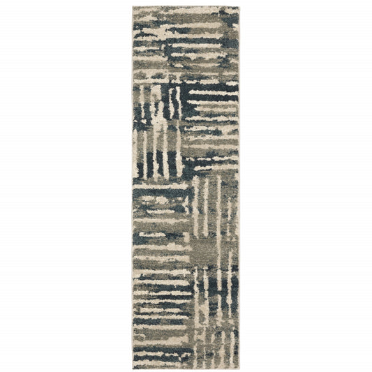 2' X 8' Blue And Beige Abstract Power Loom Stain Resistant Runner Rug