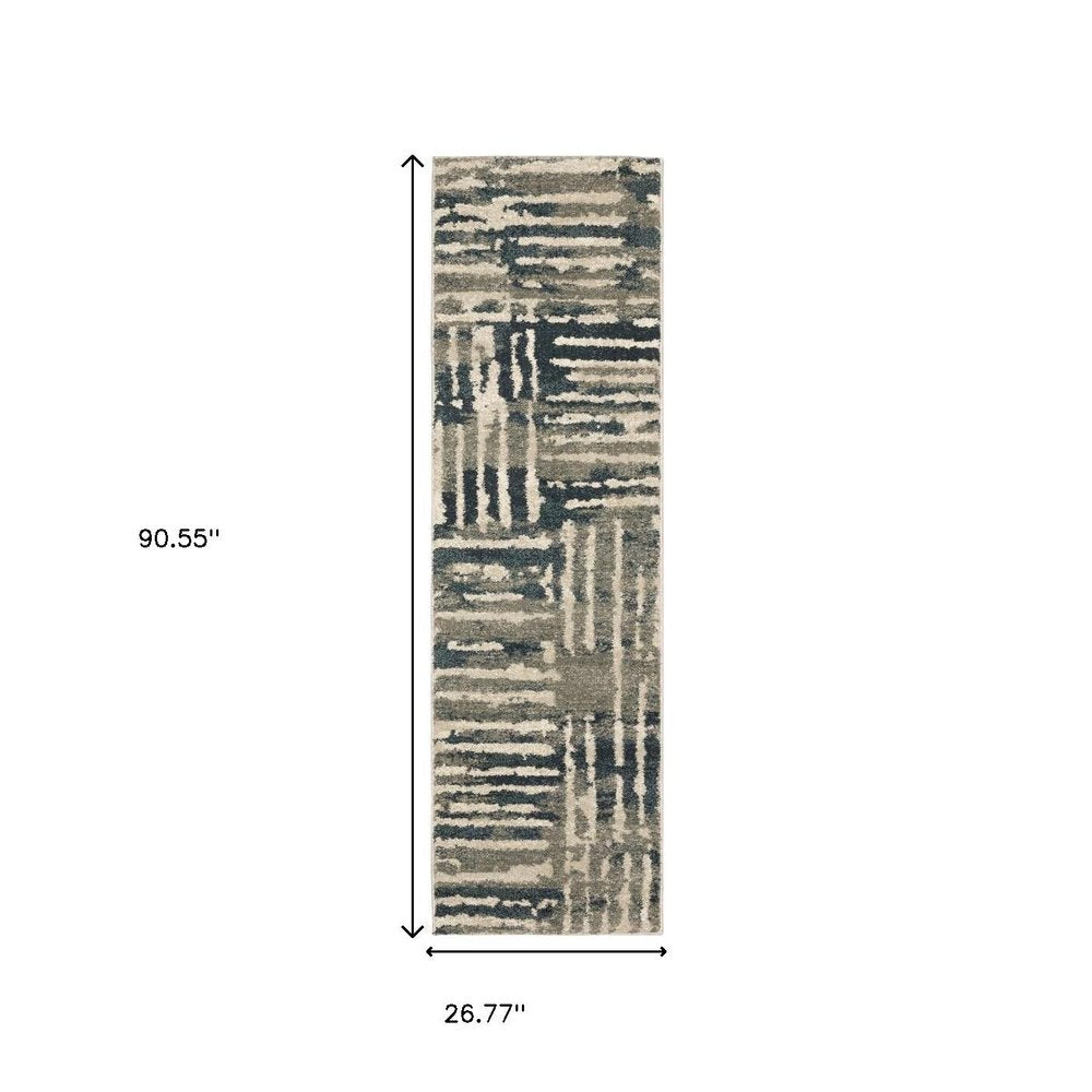 2' X 8' Blue And Beige Abstract Power Loom Stain Resistant Runner Rug