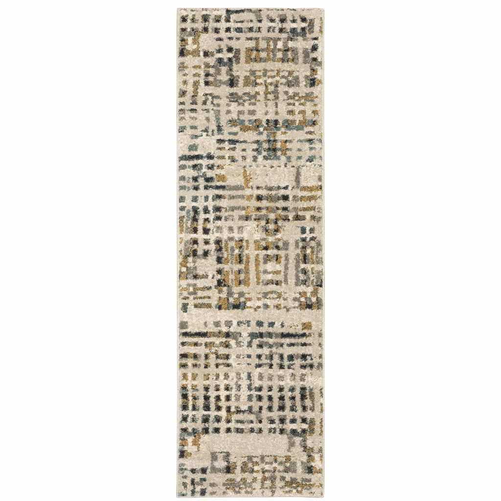 2' X 8' Beige Grey Blues Orange Yellow And Ivory Abstract Power Loom Stain Resistant Runner Rug