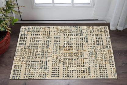 2' X 3' Beige Grey Blues Orange Yellow And Ivory Abstract Power Loom Stain Resistant Area Rug