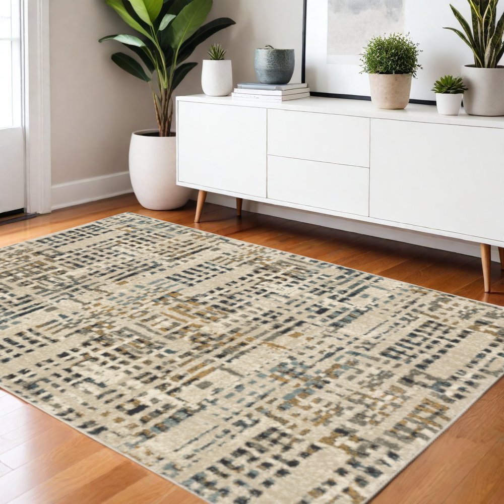 4' X 6' Beige Grey Blues Orange Yellow And Ivory Abstract Power Loom Stain Resistant Area Rug