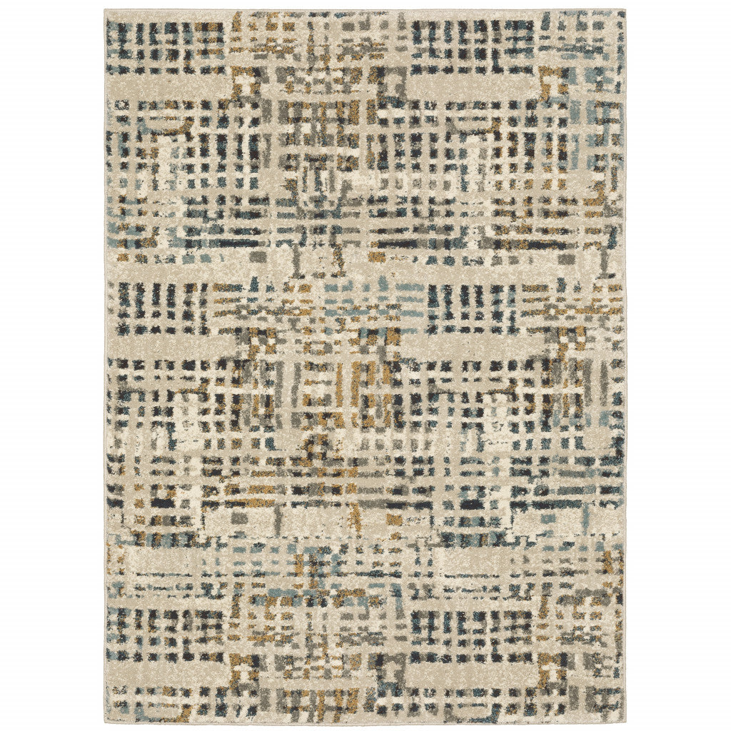 5' X 7' Beige Grey Blues Orange Yellow And Ivory Abstract Power Loom Stain Resistant Area Rug