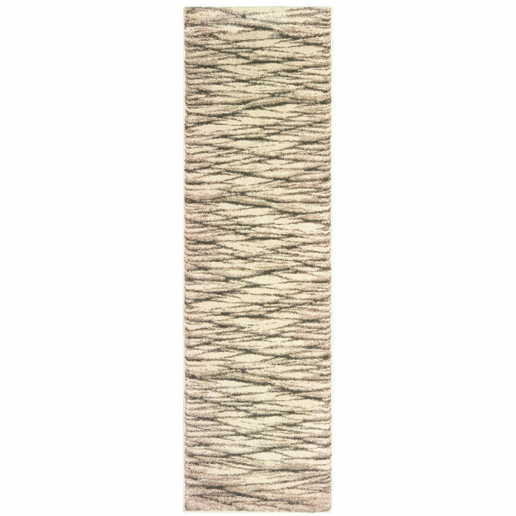 2' X 8' Ivory Sand And Ash Abstract Power Loom Stain Resistant Runner Rug