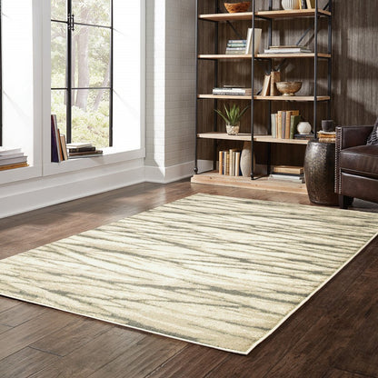 Beige striped area rug on dark wood floor beside a window, with a tall open bookshelf, plants & a leather chair.