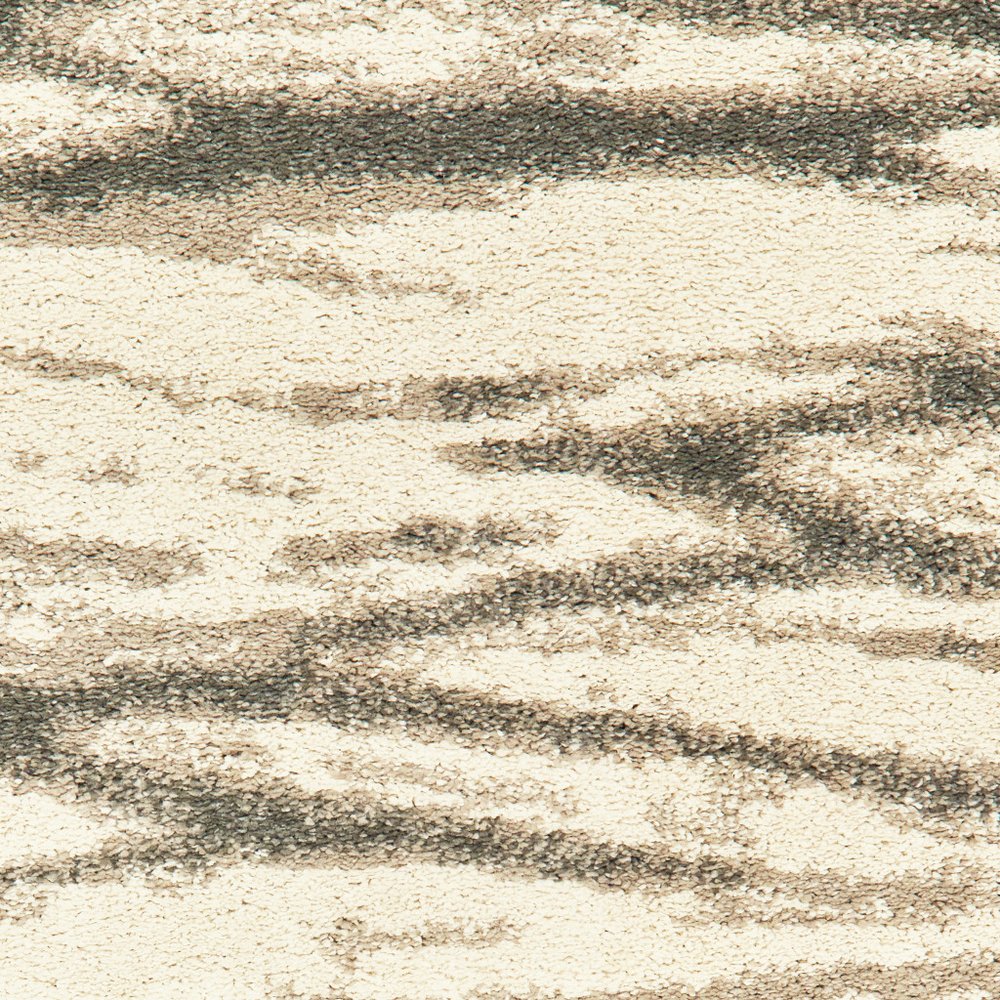 Beige textured rug with irregular dark gray stripe pattern across surface.