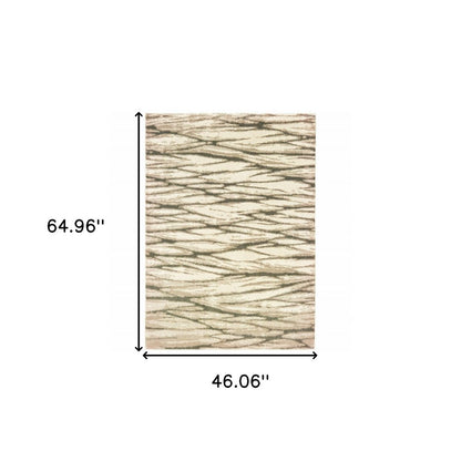 Rectangular ivory sand and ash abstract area rug with woven texture; 64.96 by 46.06 inches.