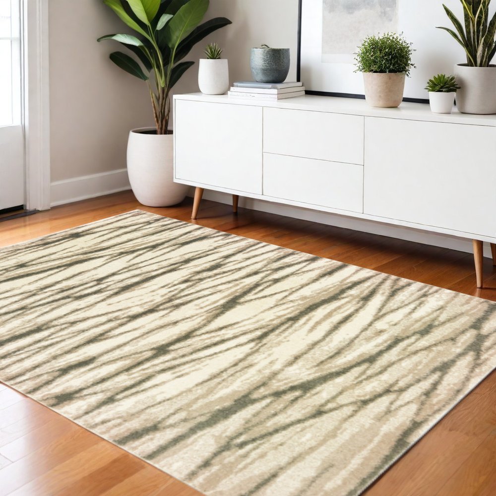 Beige area rug with dark wavy stripes over warm wood floor, white mid-century console and potted plants.