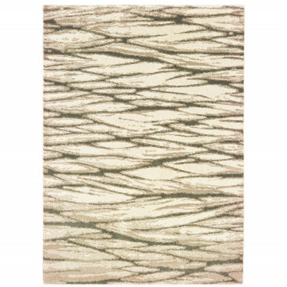Ivory and sand abstract shag area rug with taupe wavy diagonal lines.