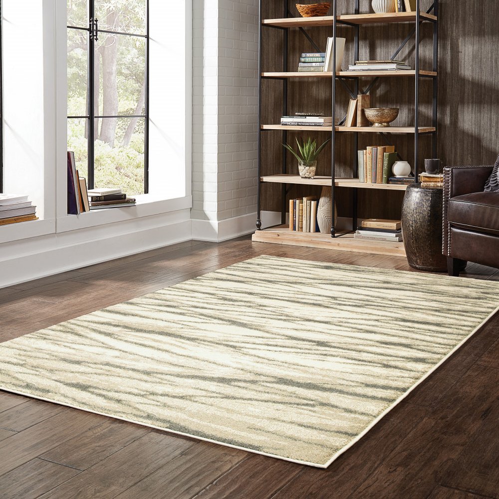 Beige rectangular area rug with subtle horizontal stripes on dark wood floor beside a tall bookcase in a sunlit living room.