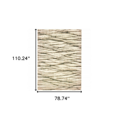 Natural fiber rug with beige and dark brown irregular lines, rectangular 110.24 x 78.74 inches.