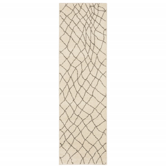 2' X 8' Ivory And Grey Geometric Power Loom Stain Resistant Runner Rug