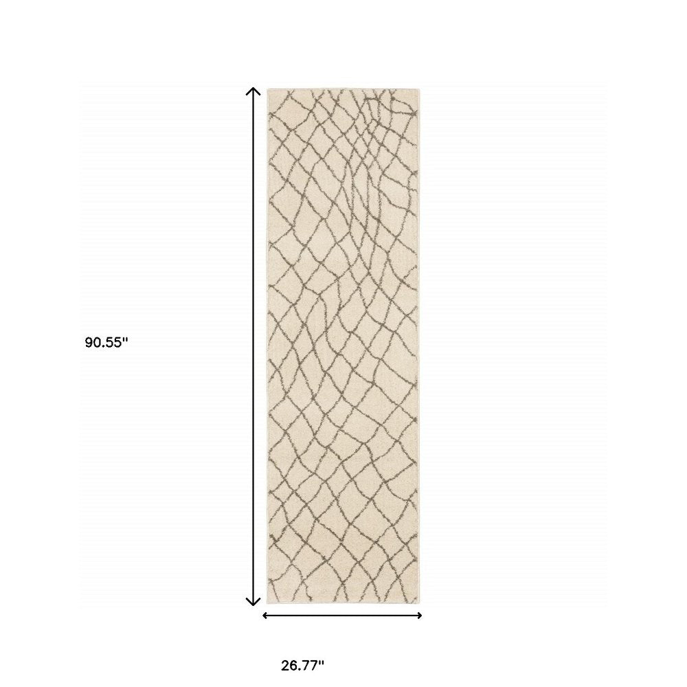 2' X 8' Ivory And Grey Geometric Power Loom Stain Resistant Runner Rug