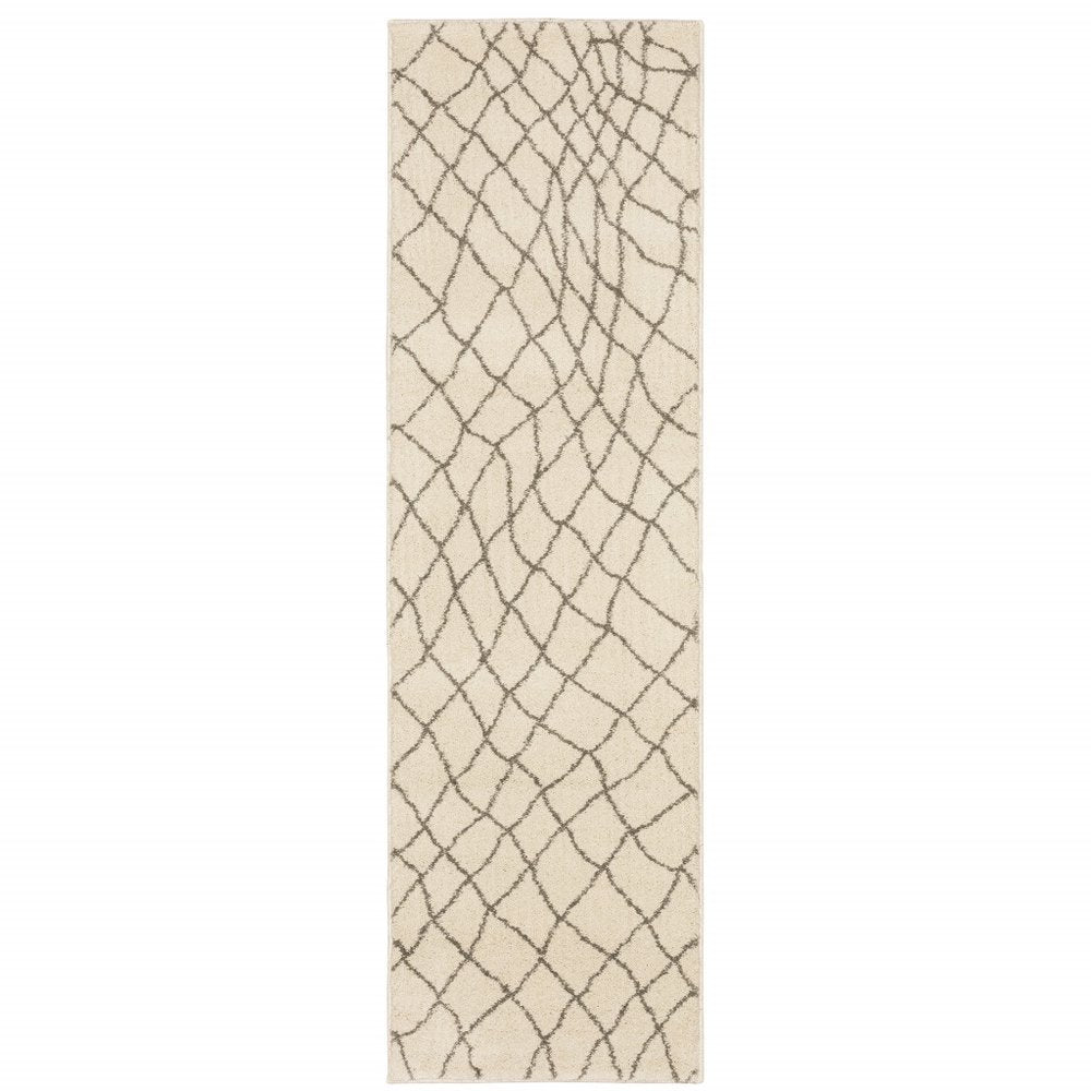 2' X 8' Ivory And Grey Geometric Power Loom Stain Resistant Runner Rug