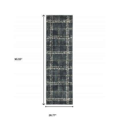 2' X 8' Blue And Ivory Geometric Power Loom Stain Resistant Runner Rug