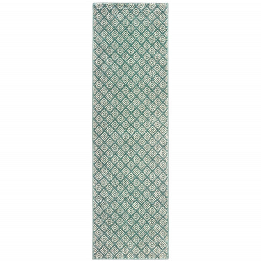 2' X 8' Foam Blue And Ivory Geometric Power Loom Stain Resistant Runner Rug