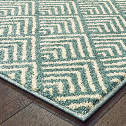7' X 9' Blue And Ivory Geometric Shag Area Rug