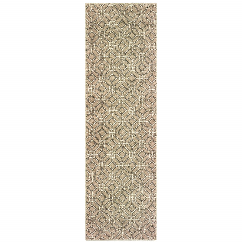 2' X 8' Sand And Ivory Geometric Power Loom Stain Resistant Runner Rug