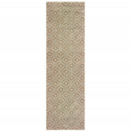 2' X 8' Sand And Ivory Geometric Power Loom Stain Resistant Runner Rug