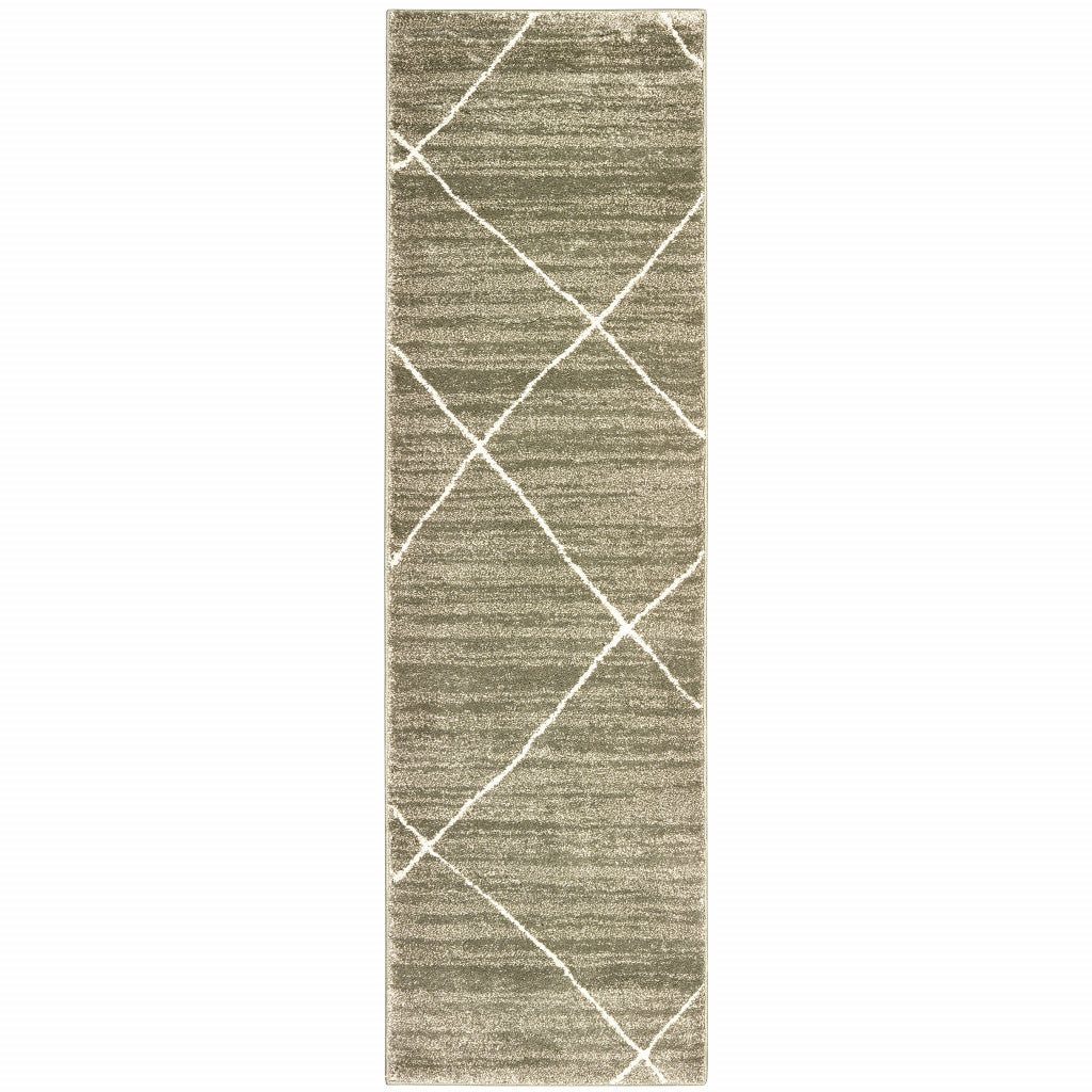 2' X 8' Grey And Ivory Geometric Power Loom Stain Resistant Runner Rug