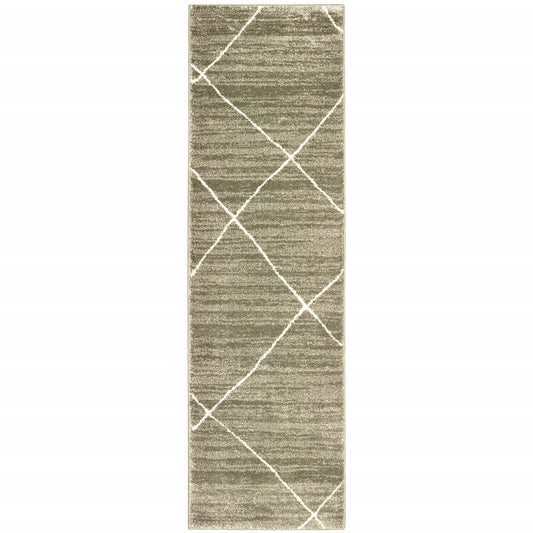 2' X 8' Grey And Ivory Geometric Power Loom Stain Resistant Runner Rug