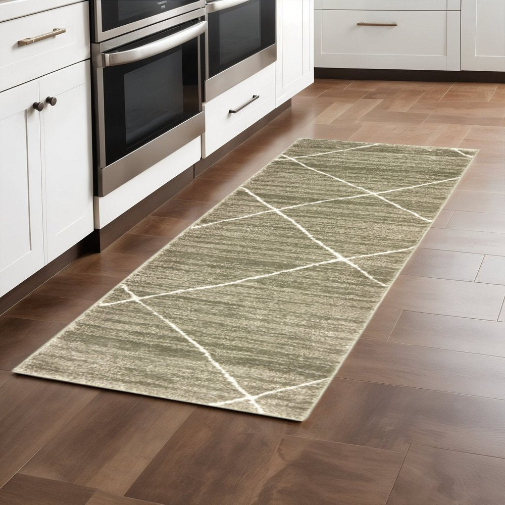 2' X 8' Grey And Ivory Geometric Power Loom Stain Resistant Runner Rug