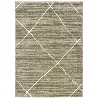 Grey and ivory geometric rug with a diagonal diamond lattice pattern; rectangular, modern decor.