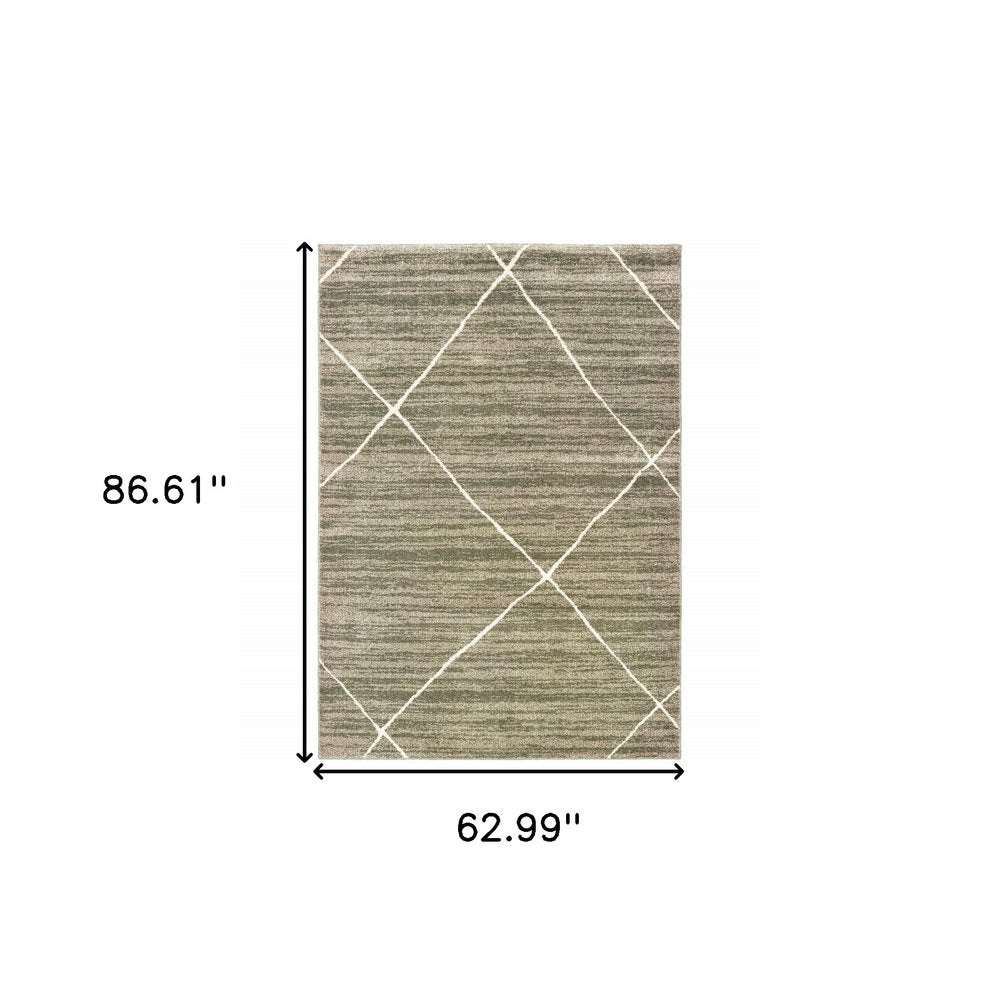 Large beige-gray area rug with white diamond lattice pattern; textured woven surface, 86.61 x 62.99 inches.
