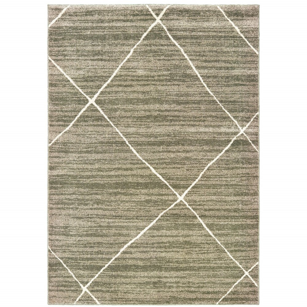 Gray and ivory geometric shag area rug with intersecting diagonal lines forming diamonds; 7' x 9'.