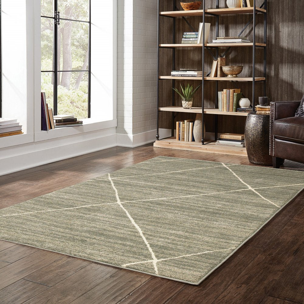 Gray and ivory geometric shag area rug on hardwood floor near a window and bookshelf