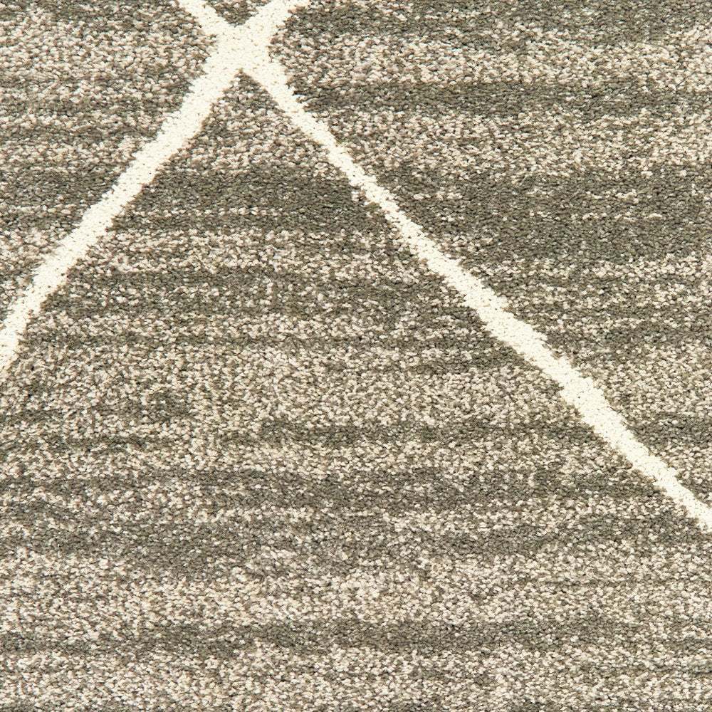 Gray and ivory geometric shag area rug with a white diagonal line motif