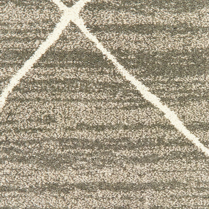 Gray and ivory geometric shag area rug with a white diagonal line motif