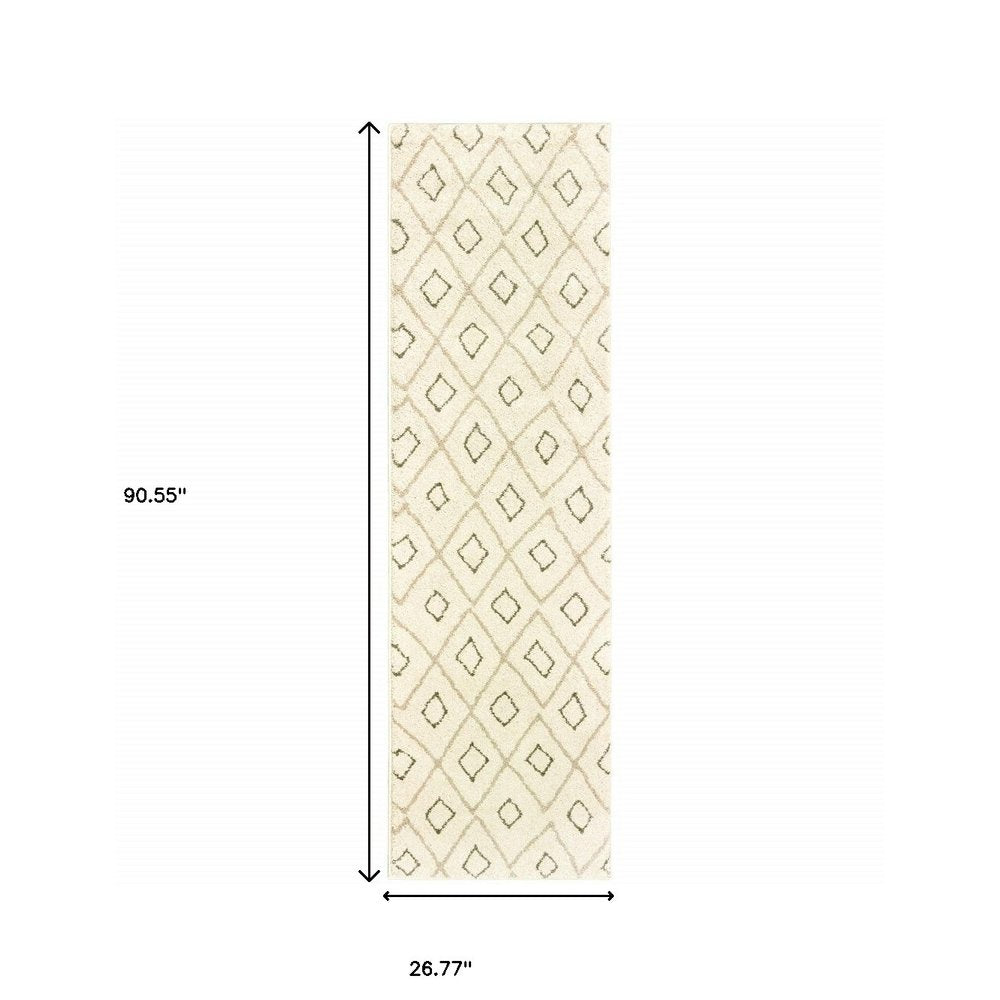 Beige runner rug with taupe diamond lattice pattern; long narrow 90.55 in x 26.77 in.
