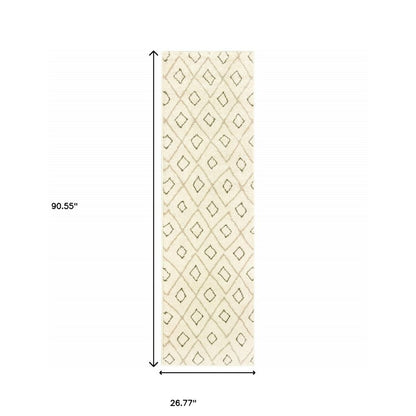 Beige runner rug with taupe diamond lattice pattern; long narrow 90.55 in x 26.77 in.