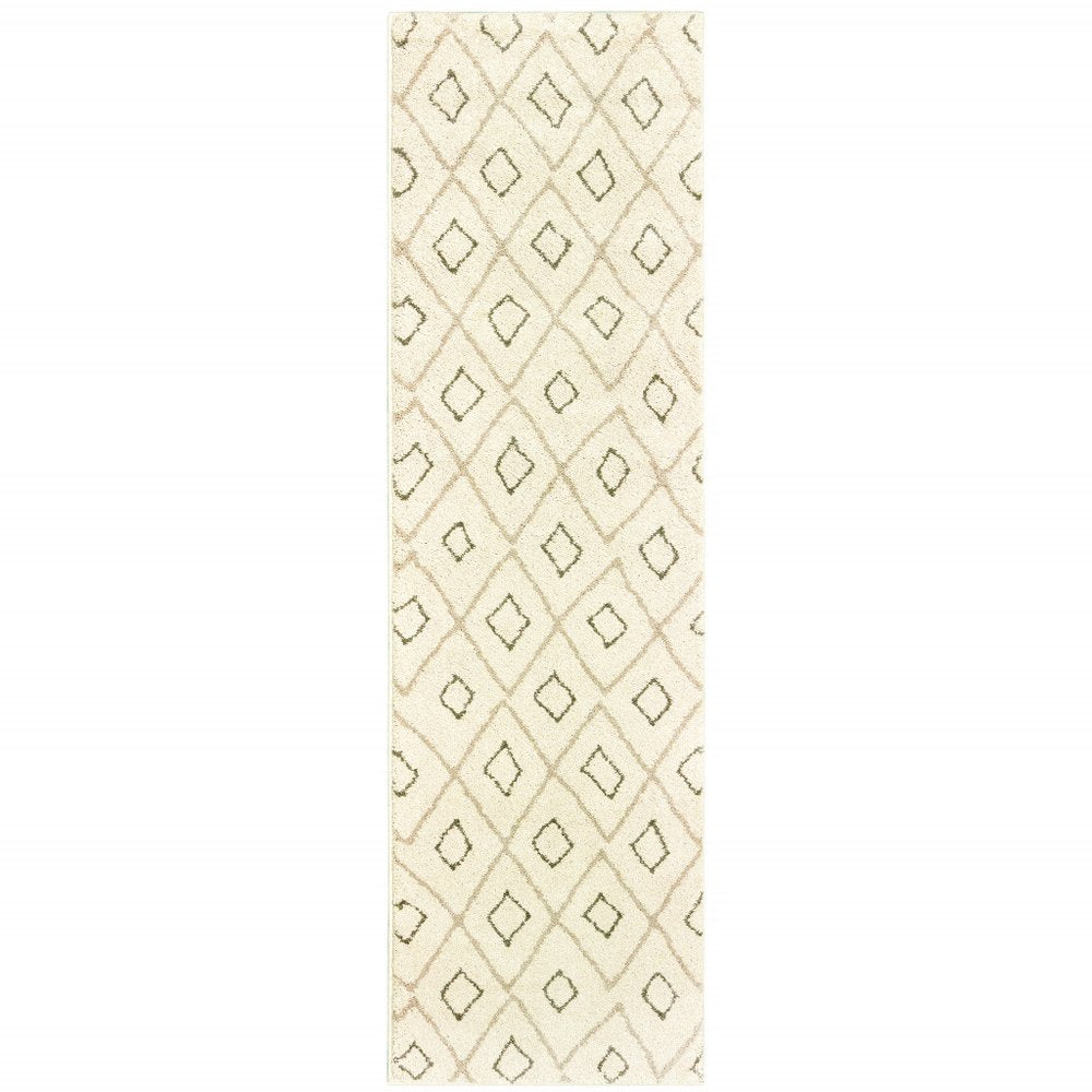 2' x 8' sand, ash grey and ivory geometric runner rug.