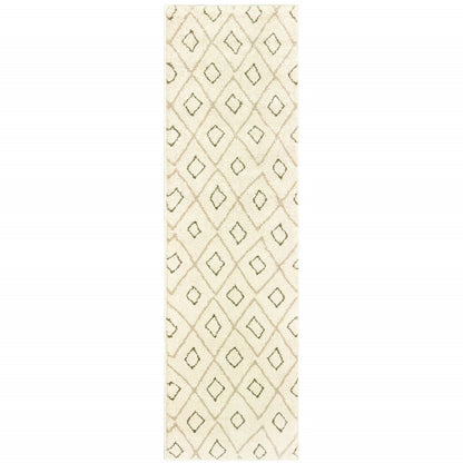 2' x 8' sand, ash grey and ivory geometric runner rug.