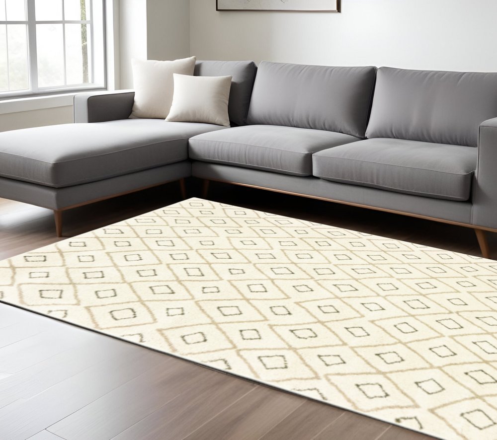 10' X 13' Sand Ash Grey And Ivory Geometric Power Loom Stain Resistant Area Rug