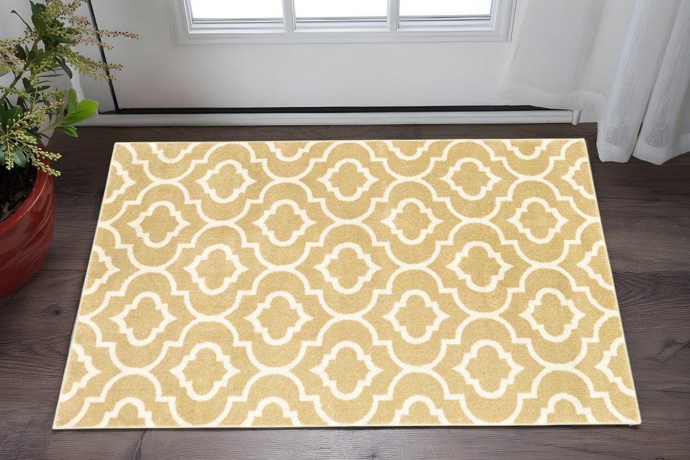 2' X 3' Gold And Ivory Geometric Power Loom Stain Resistant Area Rug